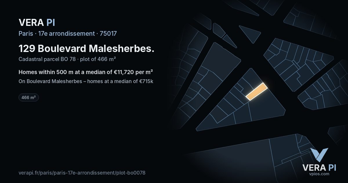 129 Boulevard Malesherbes, 17e arrondissement at night – the plot lit, the parcels around coloured by the prices near them