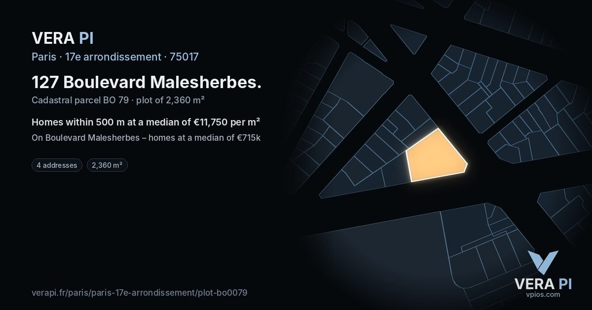 127 Boulevard Malesherbes, 17e arrondissement at night – the plot lit, the parcels around coloured by the prices near them