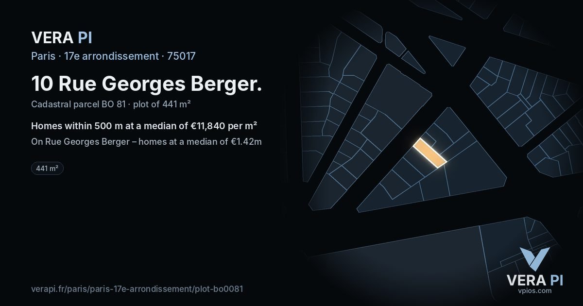 10 Rue Georges Berger, 17e arrondissement at night – the plot lit, the parcels around coloured by the prices near them