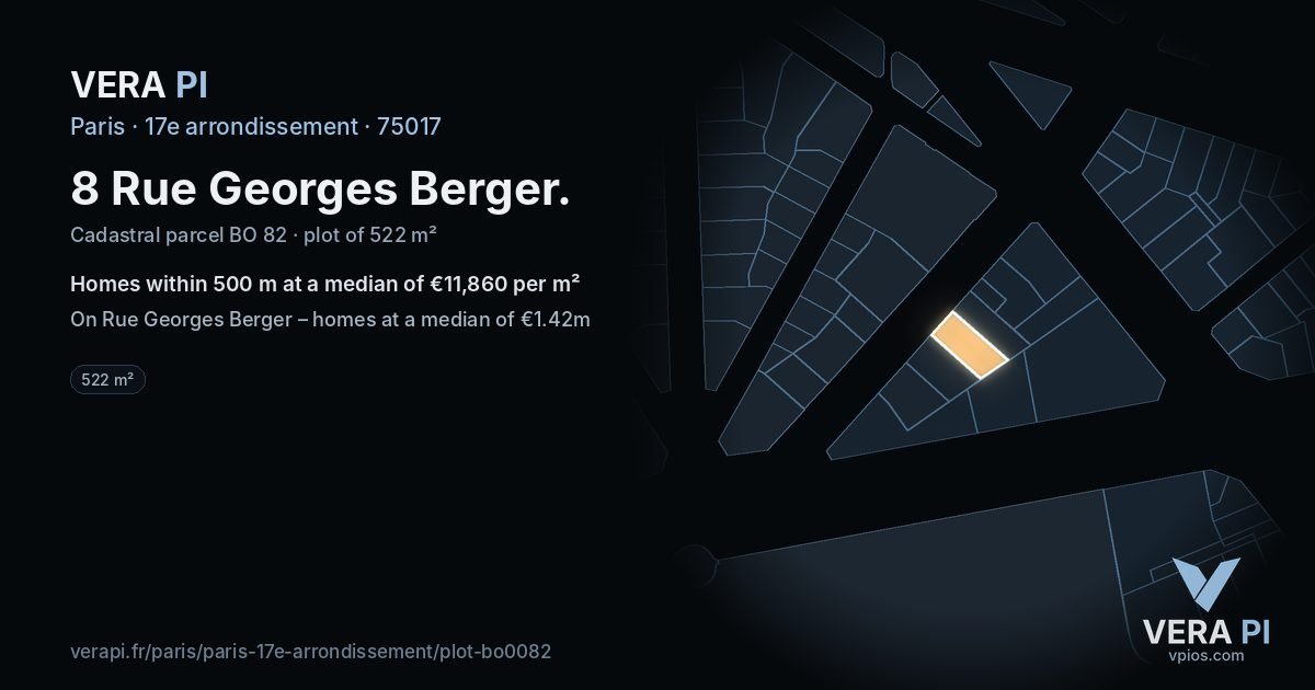 8 Rue Georges Berger, 17e arrondissement at night – the plot lit, the parcels around coloured by the prices near them