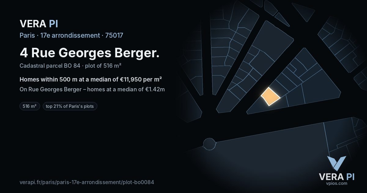 4 Rue Georges Berger, 17e arrondissement at night – the plot lit, the parcels around coloured by the prices near them