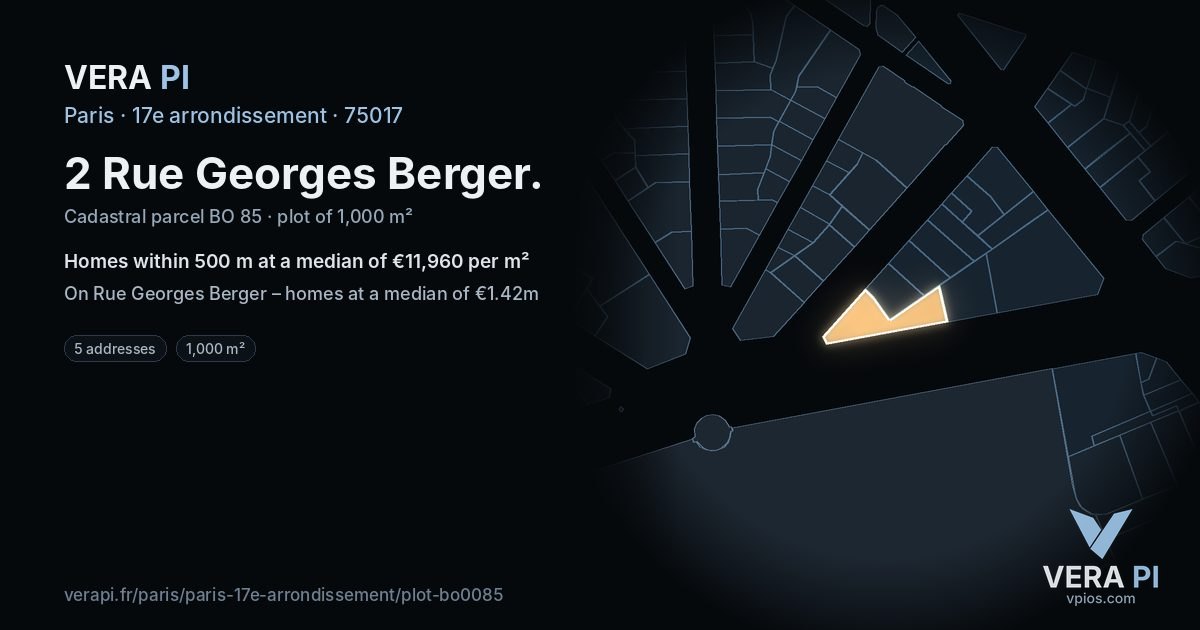 2 Rue Georges Berger, 17e arrondissement at night – the plot lit, the parcels around coloured by the prices near them