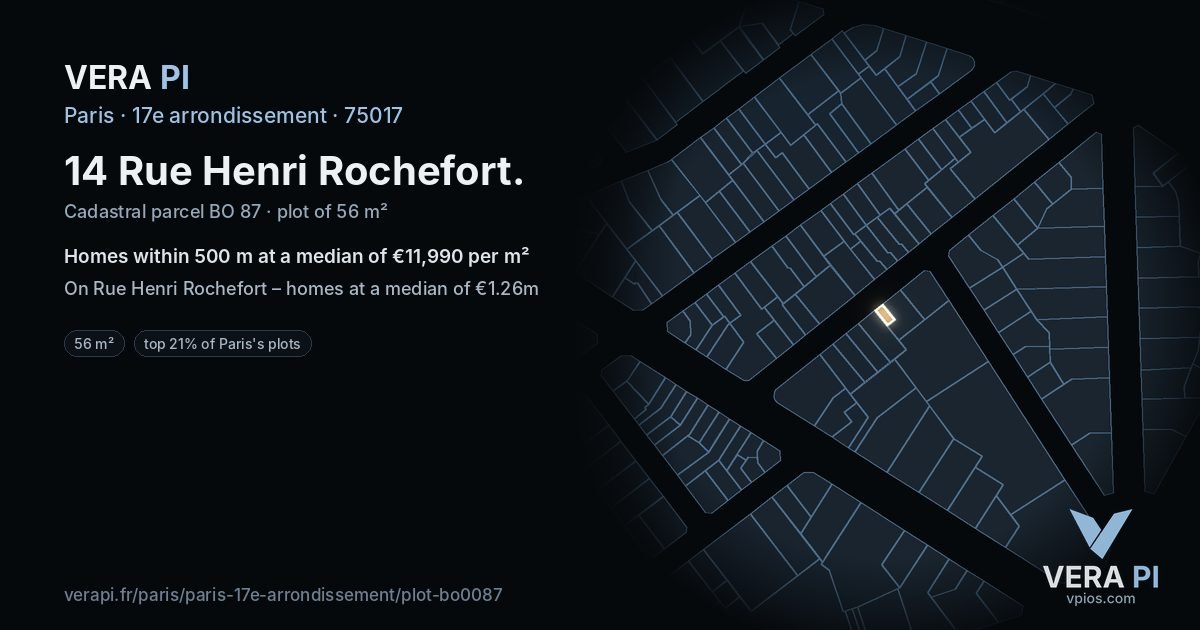 14 Rue Henri Rochefort, 17e arrondissement at night – the plot lit, the parcels around coloured by the prices near them