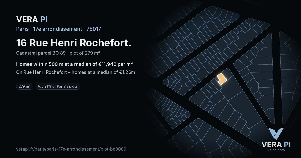 16 Rue Henri Rochefort, 17e arrondissement at night – the plot lit, the parcels around coloured by the prices near them