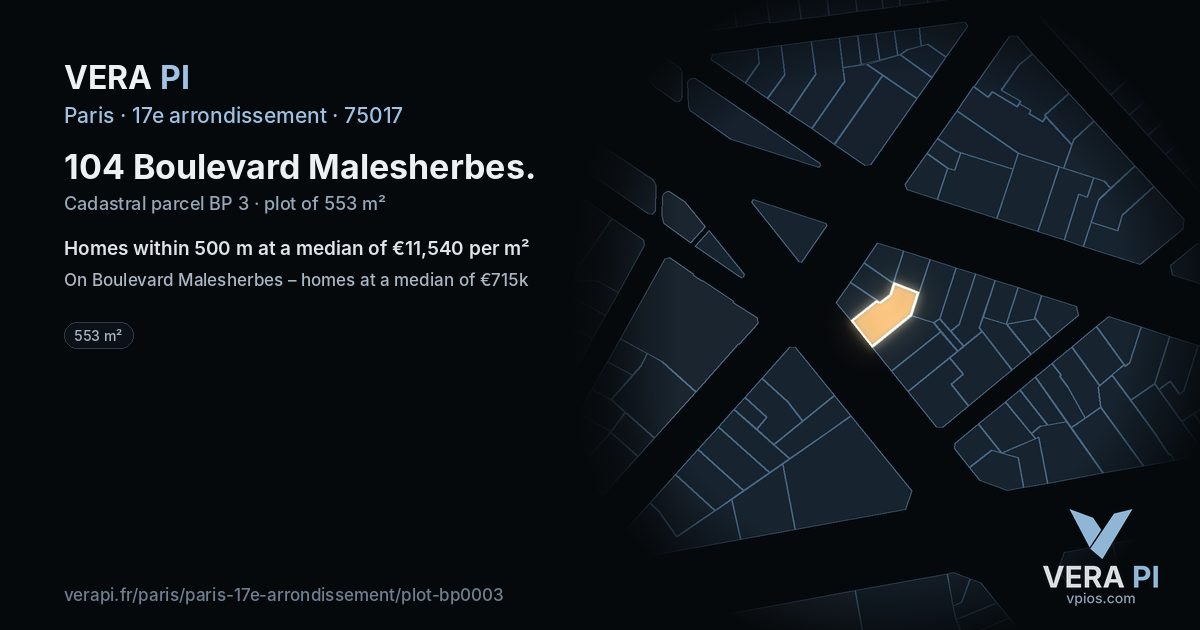 104 Boulevard Malesherbes, 17e arrondissement at night – the plot lit, the parcels around coloured by the prices near them