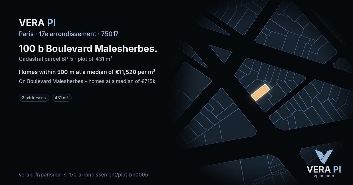 100 b Boulevard Malesherbes, 17e arrondissement at night – the plot lit, the parcels around coloured by the prices near them