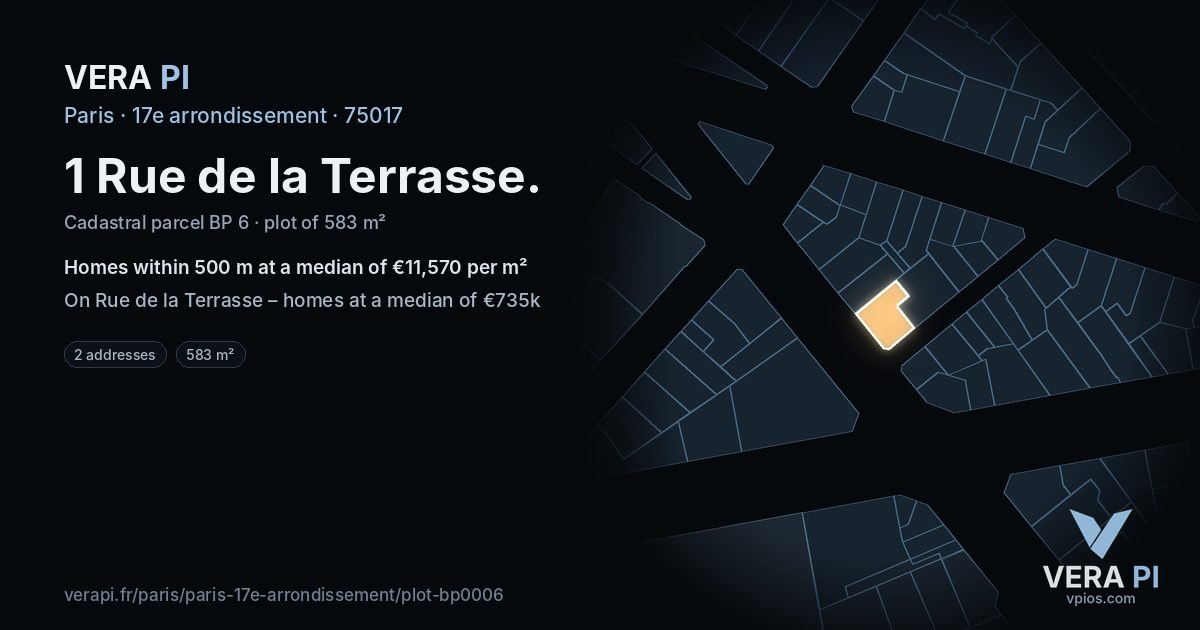 1 Rue de la Terrasse, 17e arrondissement at night – the plot lit, the parcels around coloured by the prices near them
