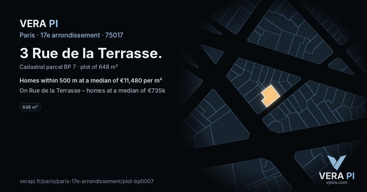 3 Rue de la Terrasse, 17e arrondissement at night – the plot lit, the parcels around coloured by the prices near them