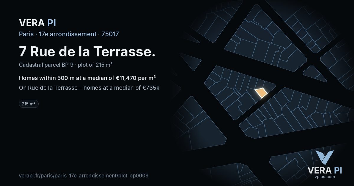 7 Rue de la Terrasse, 17e arrondissement at night – the plot lit, the parcels around coloured by the prices near them