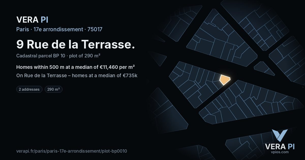 9 Rue de la Terrasse, 17e arrondissement at night – the plot lit, the parcels around coloured by the prices near them