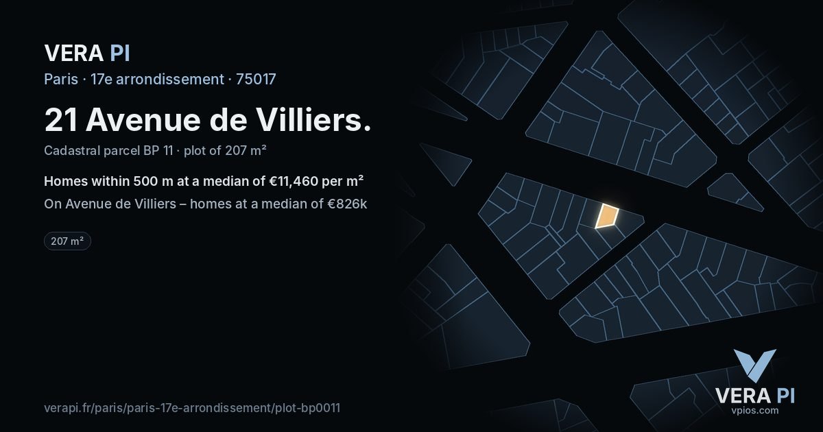 21 Avenue de Villiers, 17e arrondissement at night – the plot lit, the parcels around coloured by the prices near them