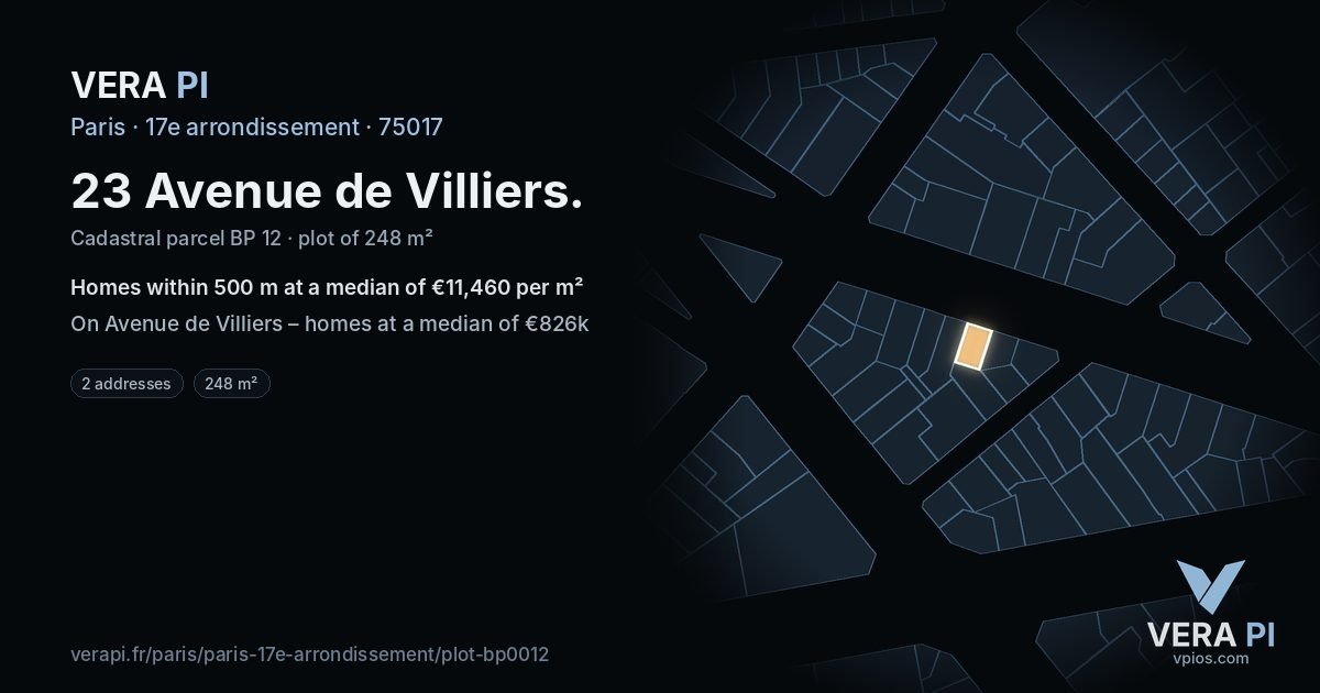 23 Avenue de Villiers, 17e arrondissement at night – the plot lit, the parcels around coloured by the prices near them