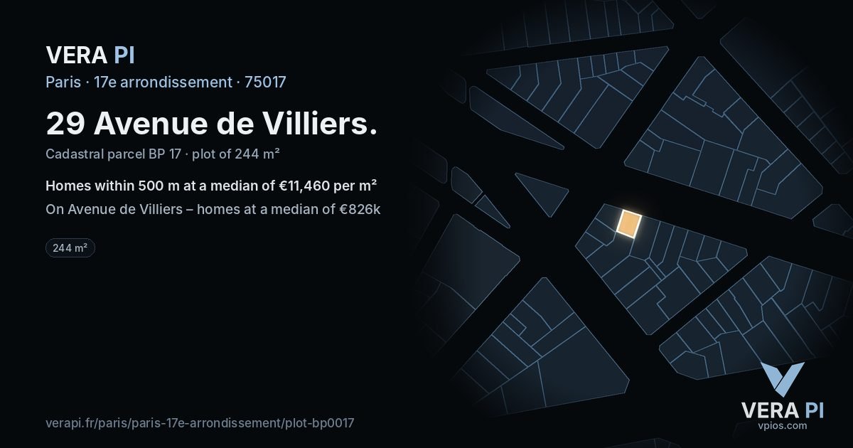 29 Avenue de Villiers, 17e arrondissement at night – the plot lit, the parcels around coloured by the prices near them