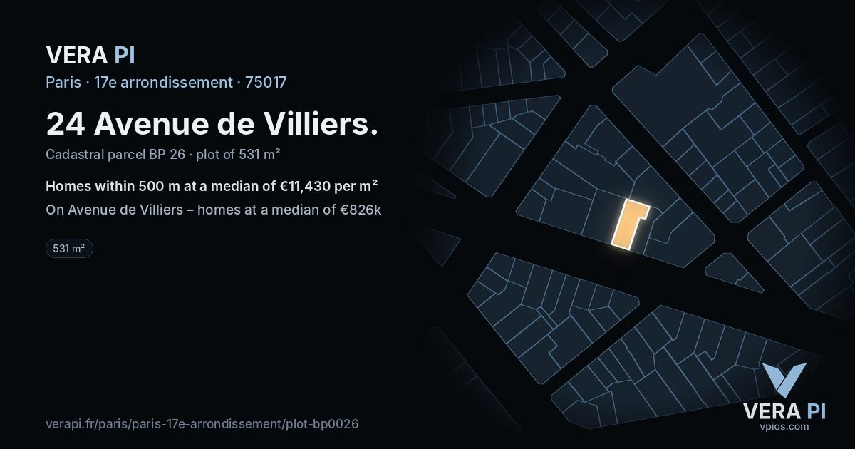 24 Avenue de Villiers, 17e arrondissement at night – the plot lit, the parcels around coloured by the prices near them