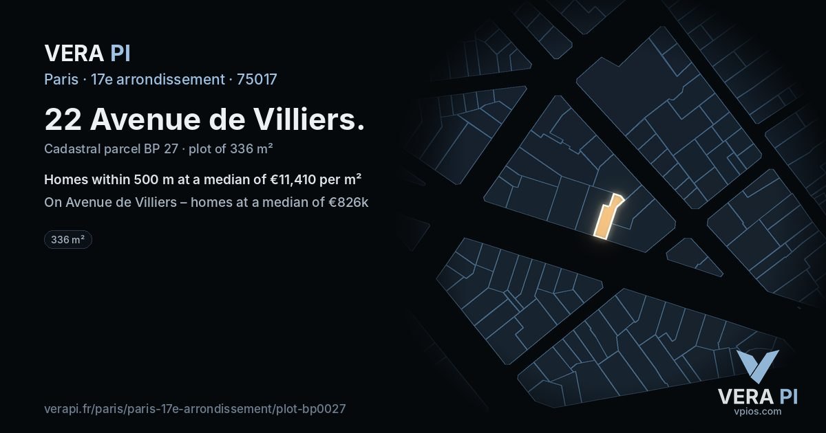 22 Avenue de Villiers, 17e arrondissement at night – the plot lit, the parcels around coloured by the prices near them
