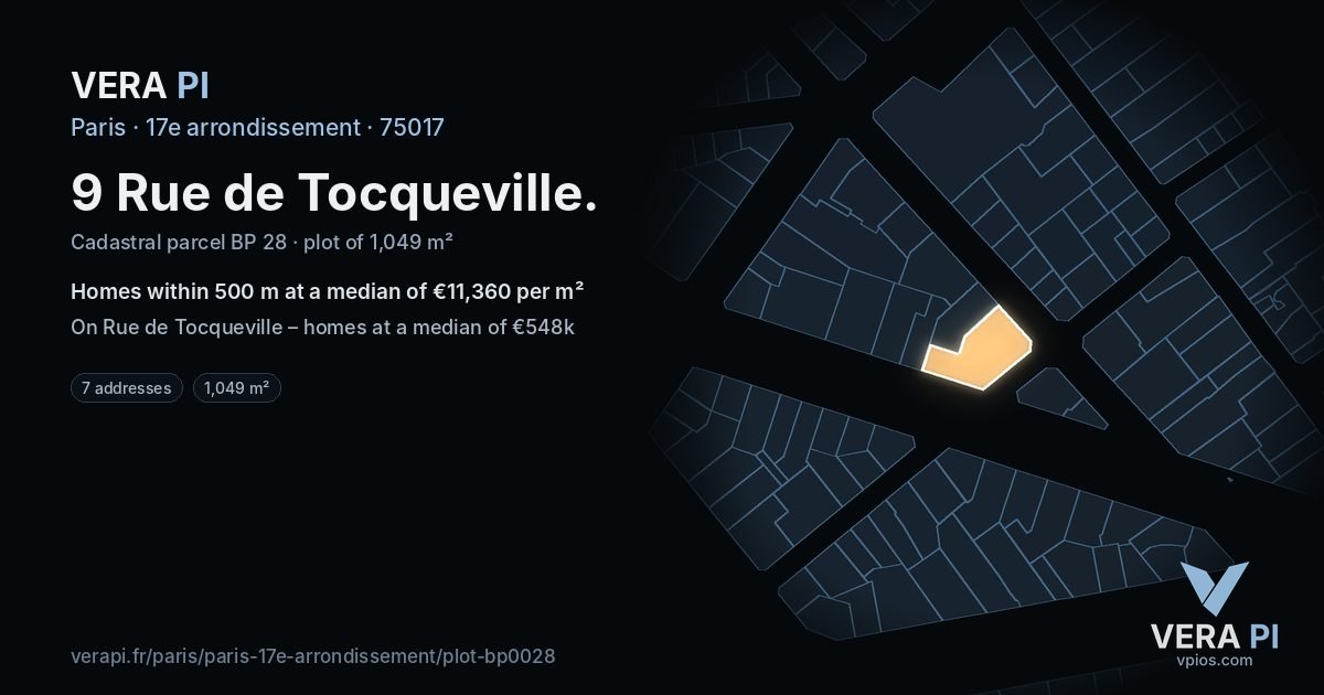 9 Rue de Tocqueville, 17e arrondissement at night – the plot lit, the parcels around coloured by the prices near them