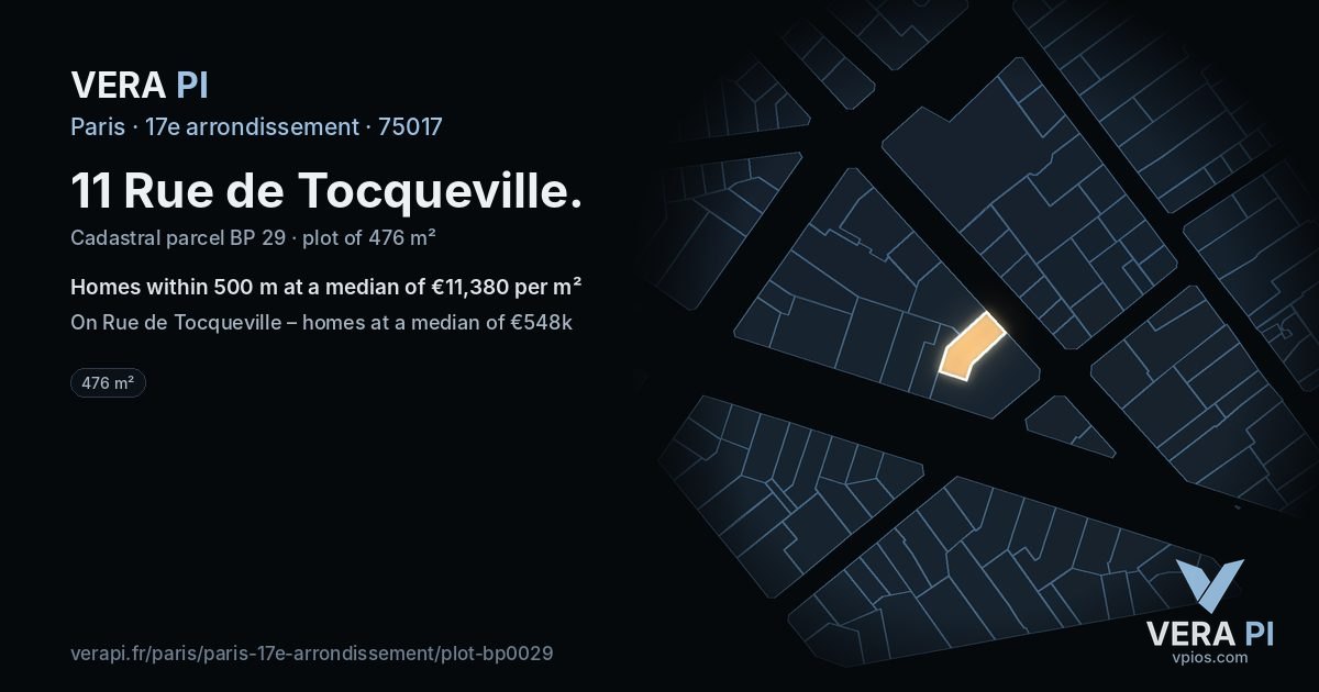 11 Rue de Tocqueville, 17e arrondissement at night – the plot lit, the parcels around coloured by the prices near them