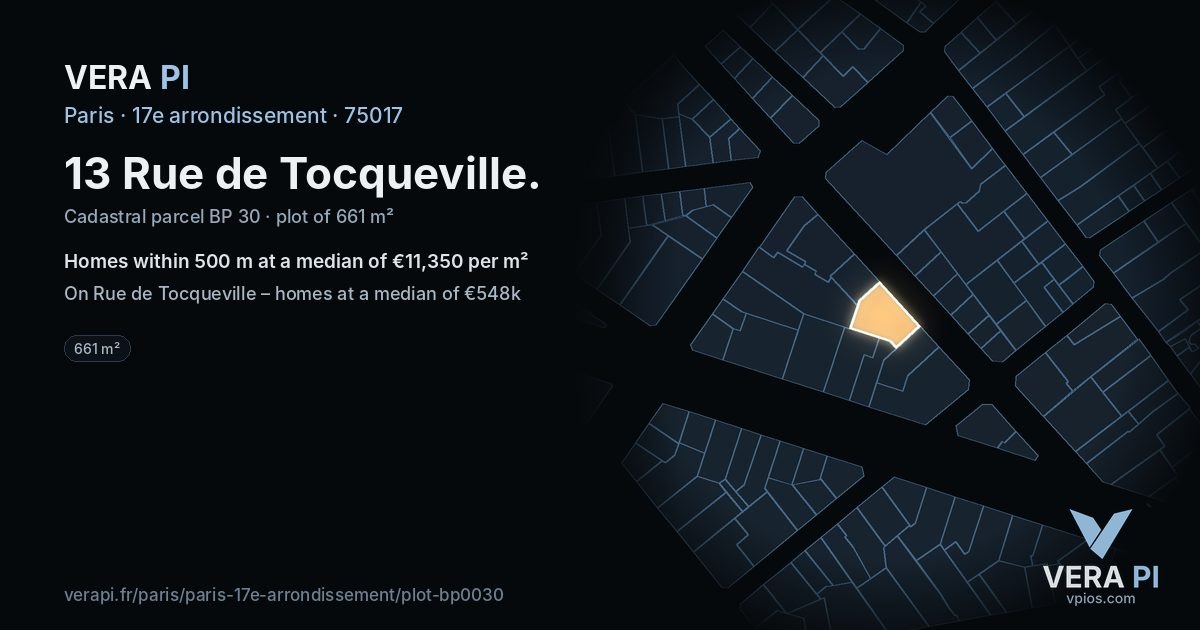 13 Rue de Tocqueville, 17e arrondissement at night – the plot lit, the parcels around coloured by the prices near them