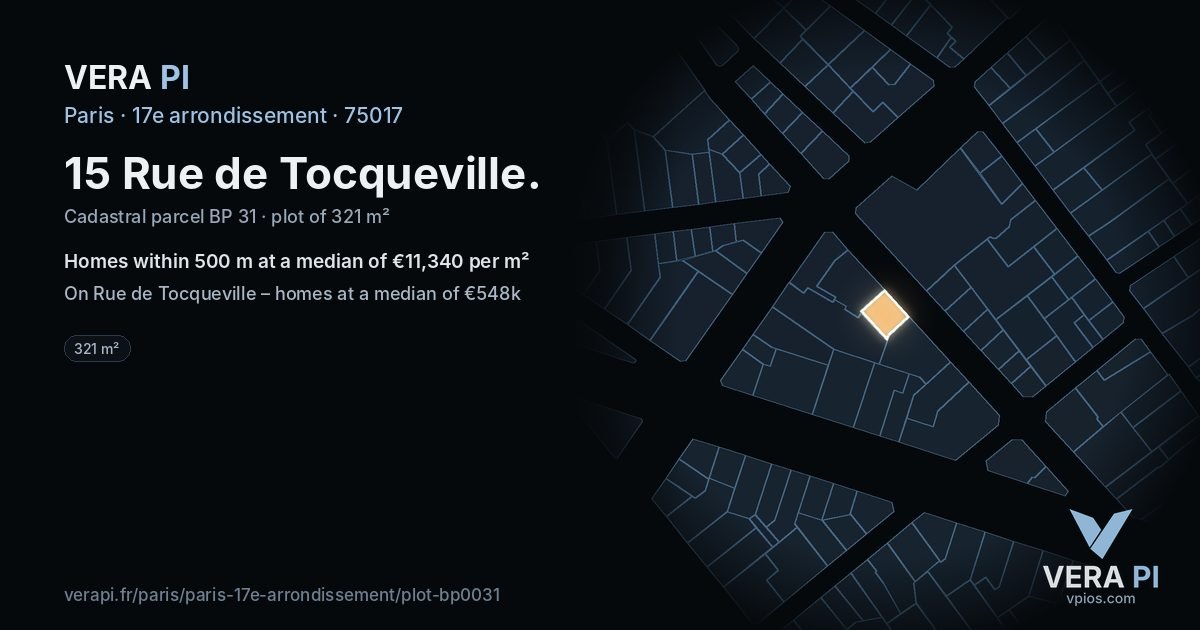 15 Rue de Tocqueville, 17e arrondissement at night – the plot lit, the parcels around coloured by the prices near them