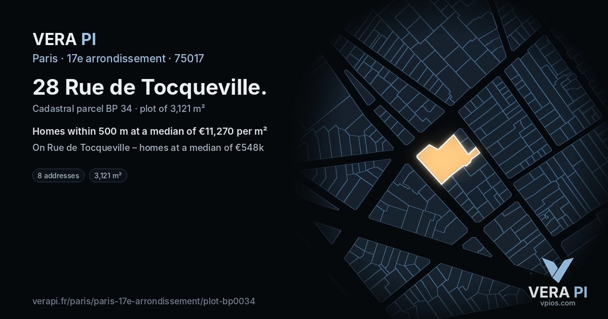 28 Rue de Tocqueville, 17e arrondissement at night – the plot lit, the parcels around coloured by the prices near them