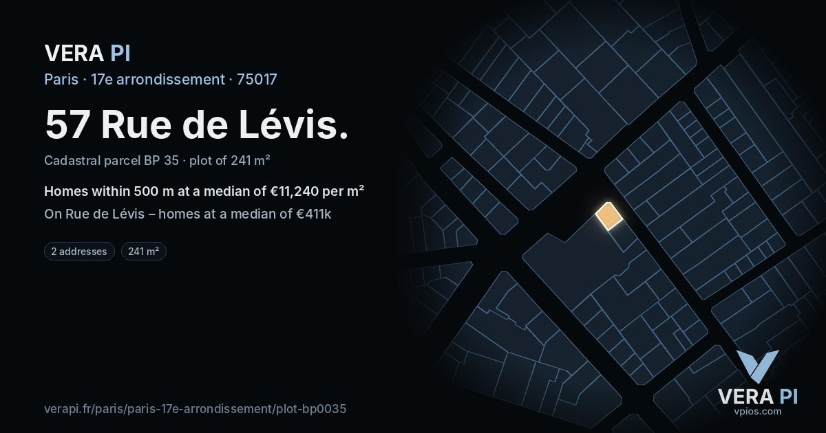 57 Rue de Lévis, 17e arrondissement at night – the plot lit, the parcels around coloured by the prices near them