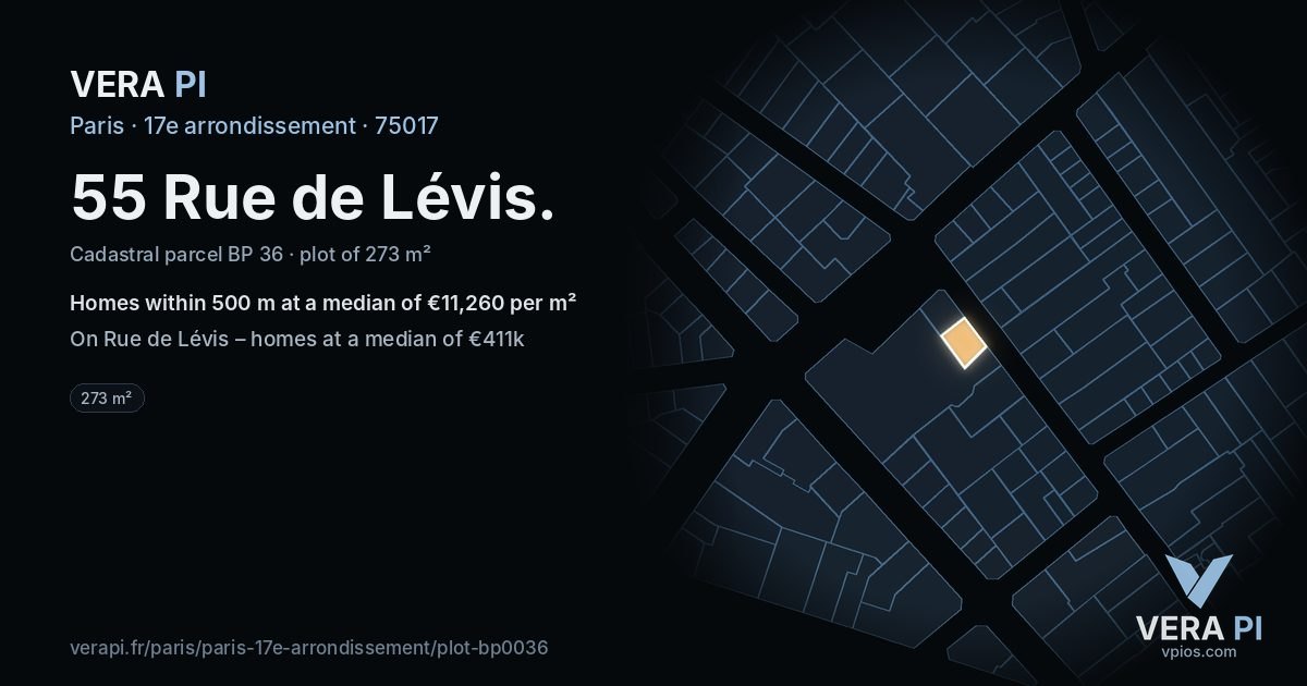 55 Rue de Lévis, 17e arrondissement at night – the plot lit, the parcels around coloured by the prices near them