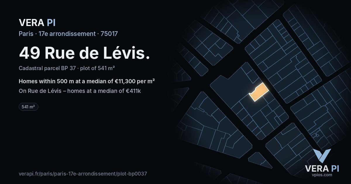 49 Rue de Lévis, 17e arrondissement at night – the plot lit, the parcels around coloured by the prices near them