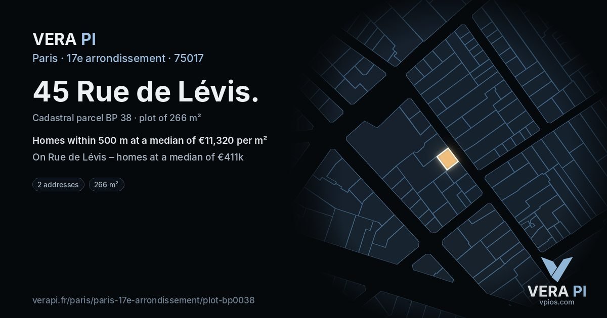 45 Rue de Lévis, 17e arrondissement at night – the plot lit, the parcels around coloured by the prices near them
