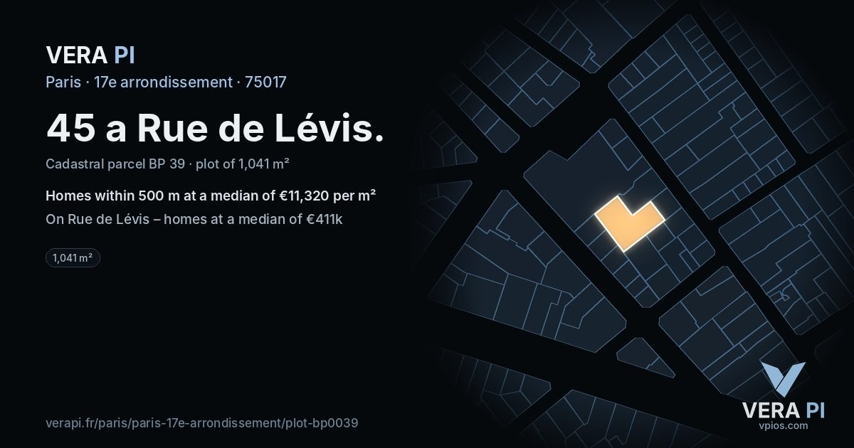 45 a Rue de Lévis, 17e arrondissement at night – the plot lit, the parcels around coloured by the prices near them