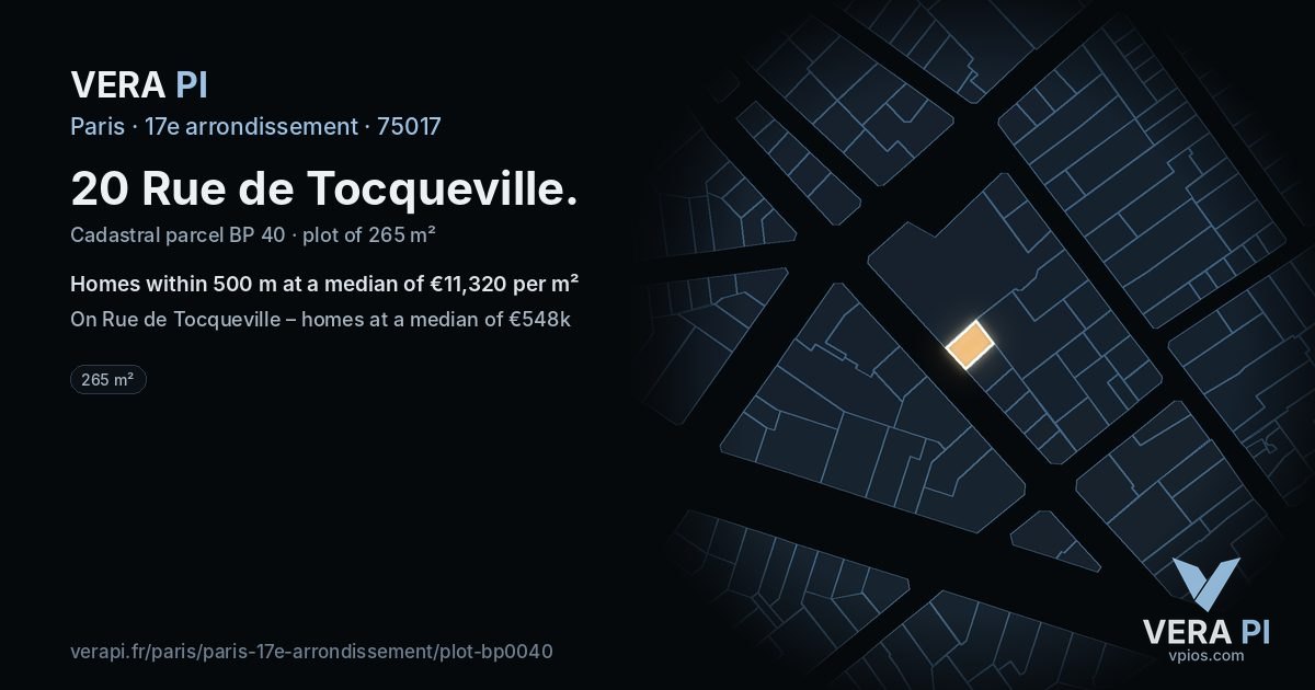20 Rue de Tocqueville, 17e arrondissement at night – the plot lit, the parcels around coloured by the prices near them