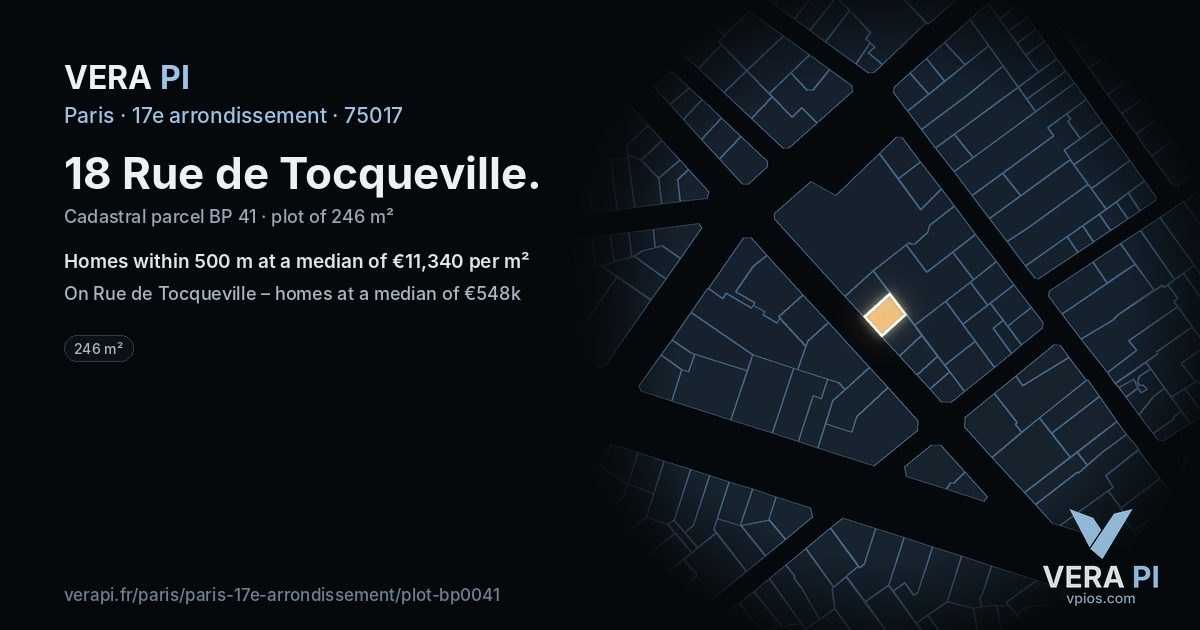 18 Rue de Tocqueville, 17e arrondissement at night – the plot lit, the parcels around coloured by the prices near them