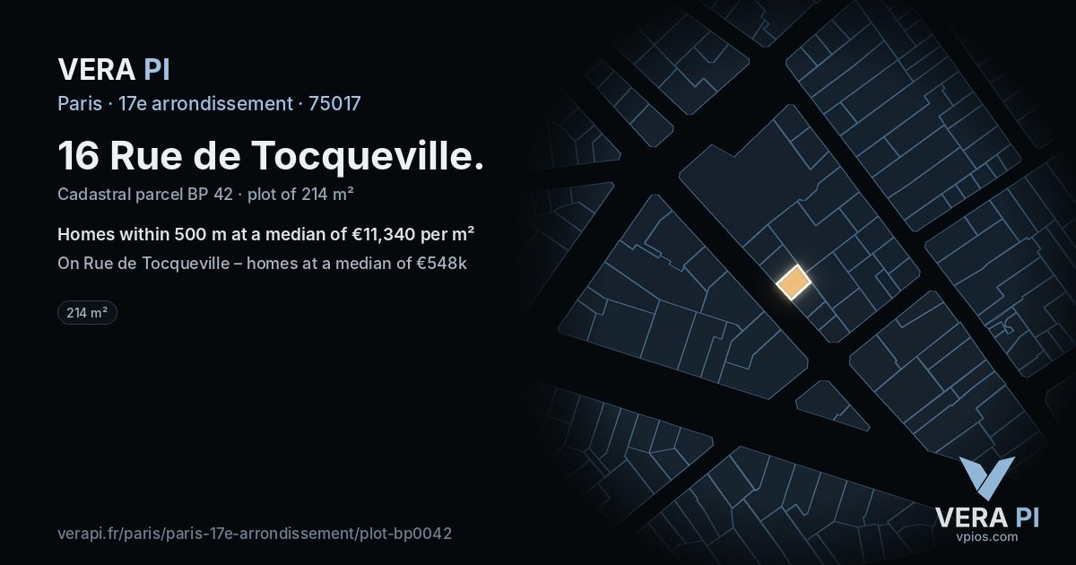 16 Rue de Tocqueville, 17e arrondissement at night – the plot lit, the parcels around coloured by the prices near them