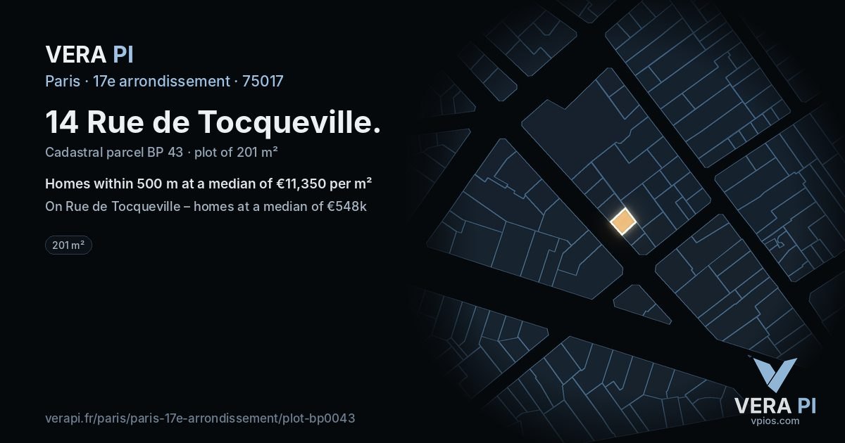 14 Rue de Tocqueville, 17e arrondissement at night – the plot lit, the parcels around coloured by the prices near them