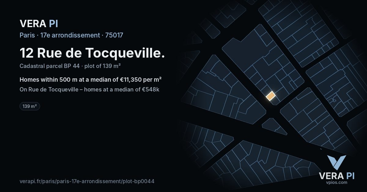 12 Rue de Tocqueville, 17e arrondissement at night – the plot lit, the parcels around coloured by the prices near them