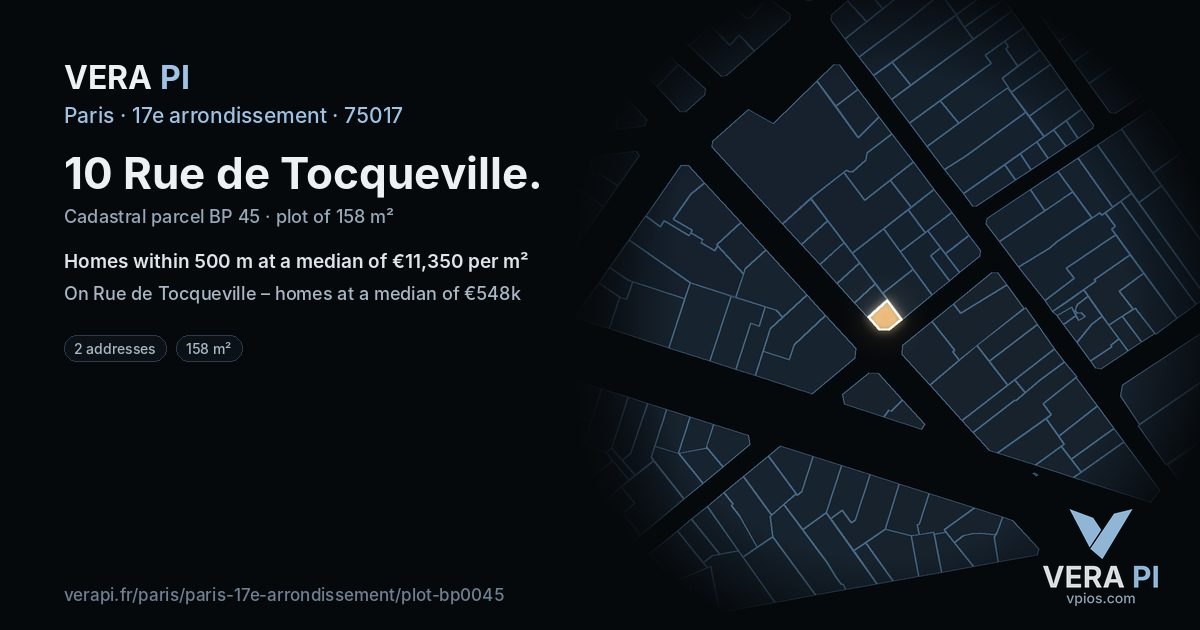10 Rue de Tocqueville, 17e arrondissement at night – the plot lit, the parcels around coloured by the prices near them