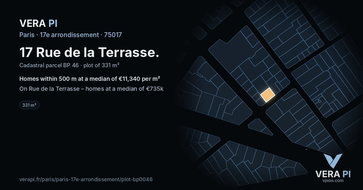 17 Rue de la Terrasse, 17e arrondissement at night – the plot lit, the parcels around coloured by the prices near them