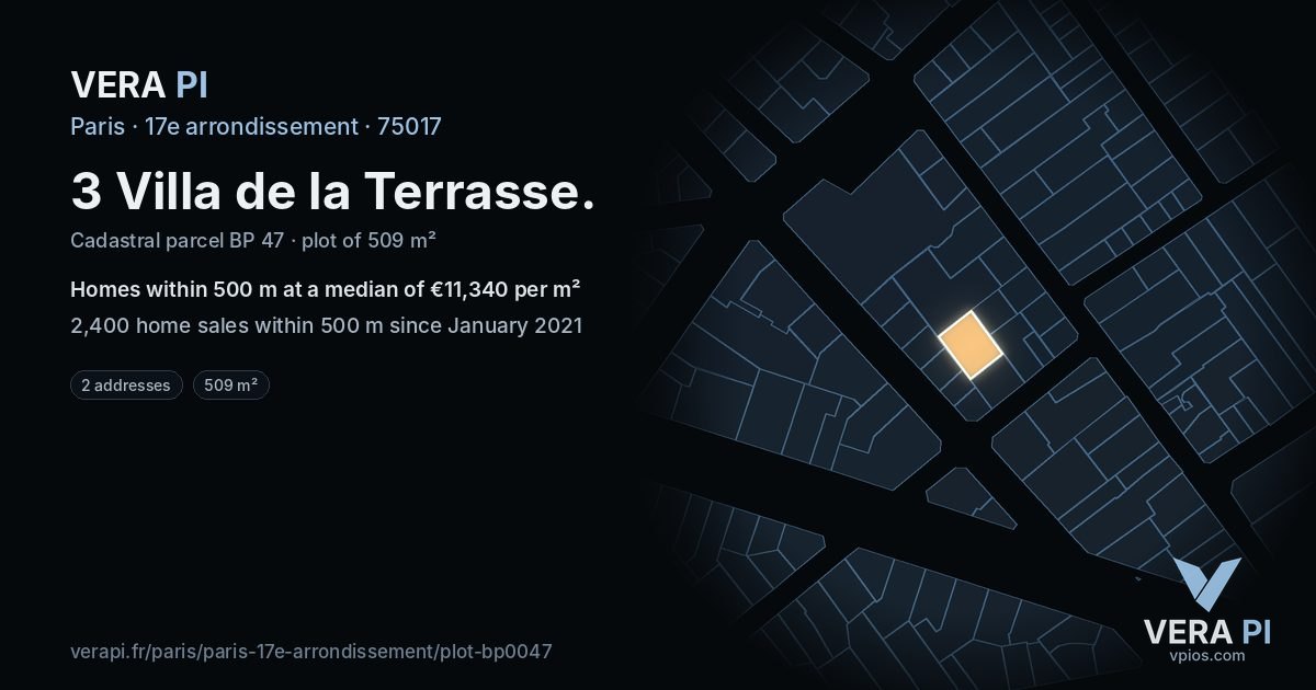 3 Villa de la Terrasse, 17e arrondissement at night – the plot lit, the parcels around coloured by the prices near them
