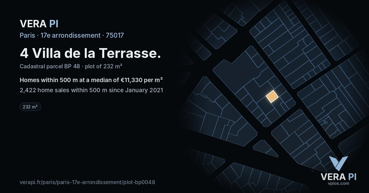 4 Villa de la Terrasse, 17e arrondissement at night – the plot lit, the parcels around coloured by the prices near them