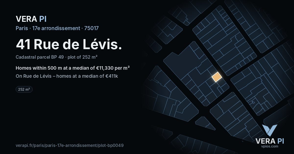 41 Rue de Lévis, 17e arrondissement at night – the plot lit, the parcels around coloured by the prices near them