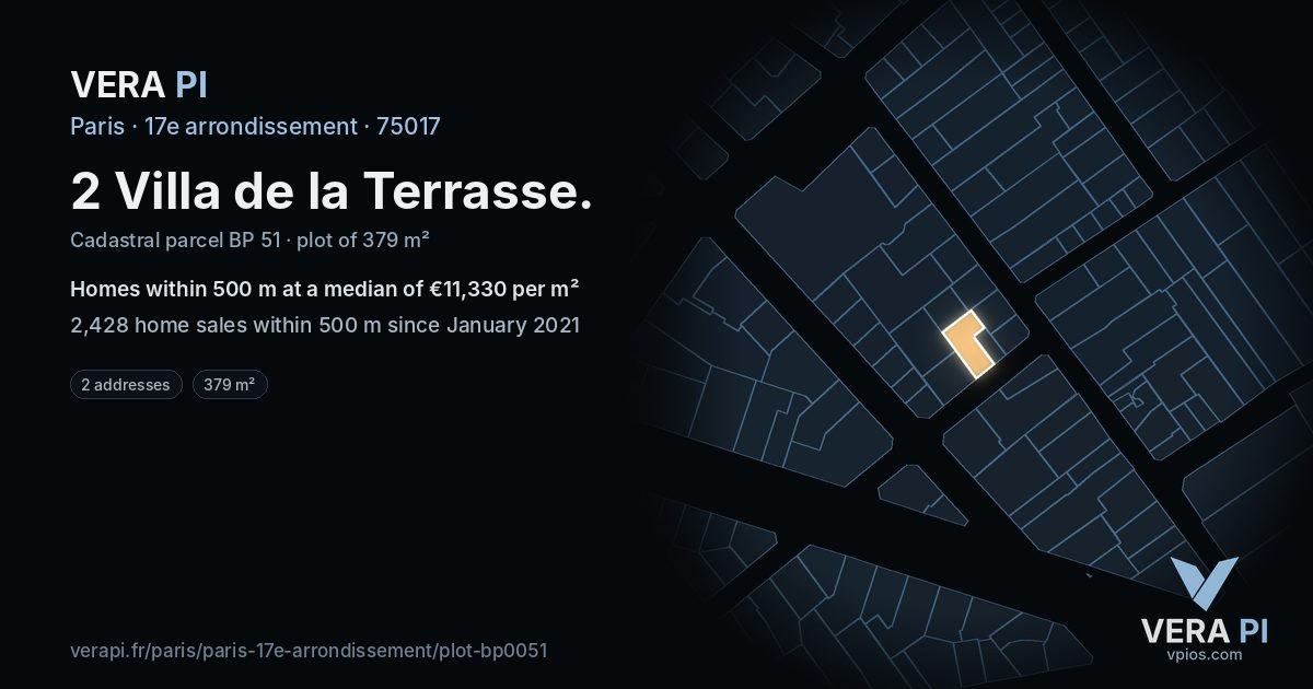 2 Villa de la Terrasse, 17e arrondissement at night – the plot lit, the parcels around coloured by the prices near them