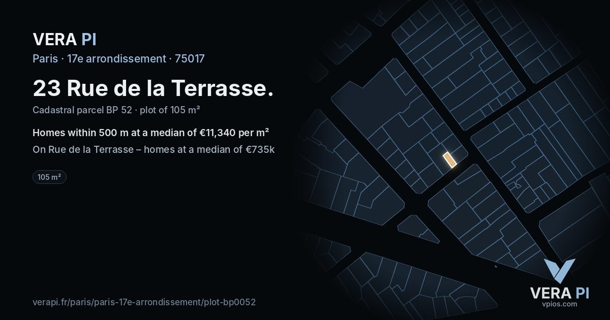 23 Rue de la Terrasse, 17e arrondissement at night – the plot lit, the parcels around coloured by the prices near them