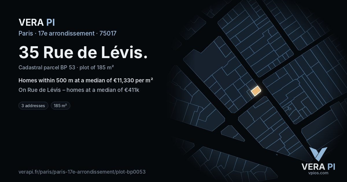 35 Rue de Lévis, 17e arrondissement at night – the plot lit, the parcels around coloured by the prices near them