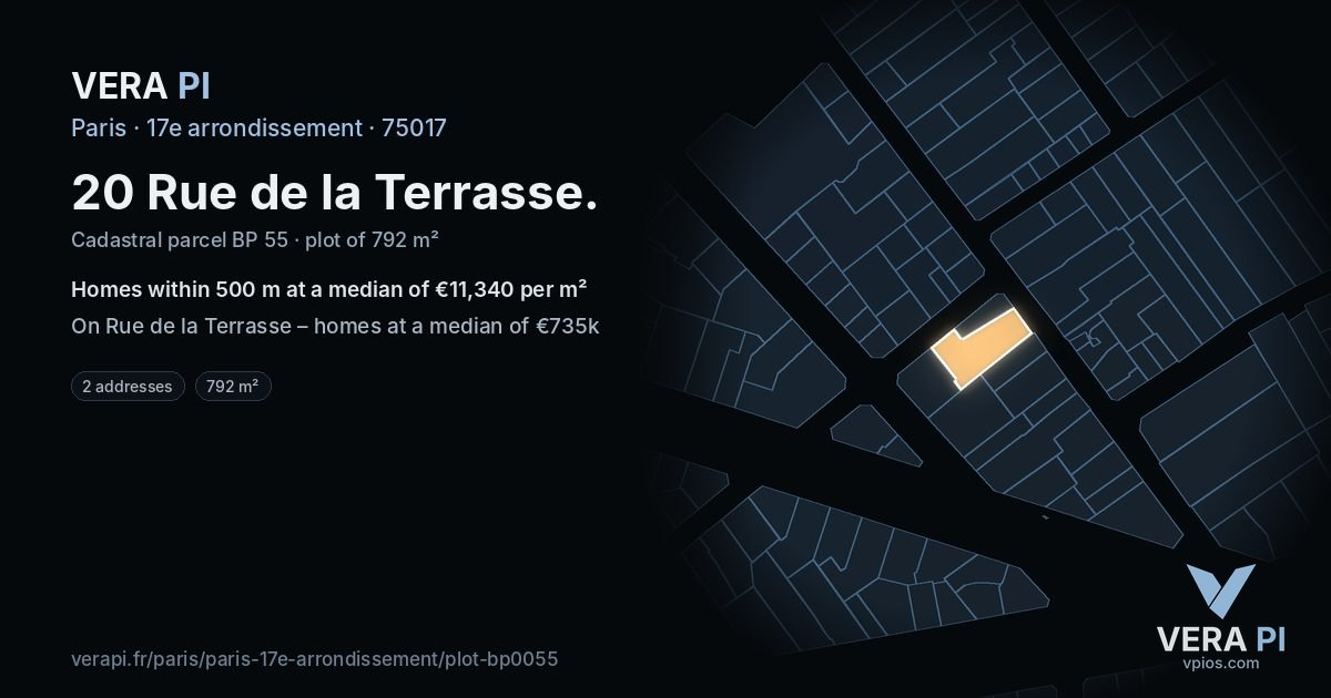 20 Rue de la Terrasse, 17e arrondissement at night – the plot lit, the parcels around coloured by the prices near them