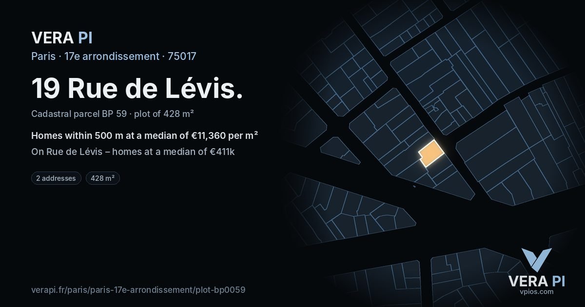 19 Rue de Lévis, 17e arrondissement at night – the plot lit, the parcels around coloured by the prices near them