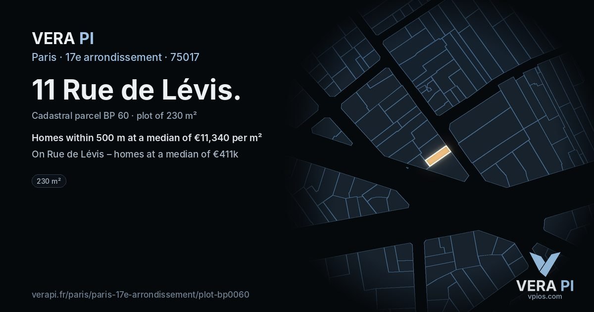 11 Rue de Lévis, 17e arrondissement at night – the plot lit, the parcels around coloured by the prices near them
