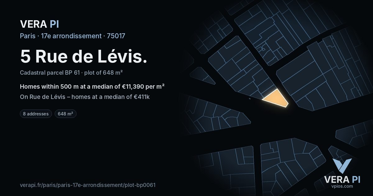 5 Rue de Lévis, 17e arrondissement at night – the plot lit, the parcels around coloured by the prices near them