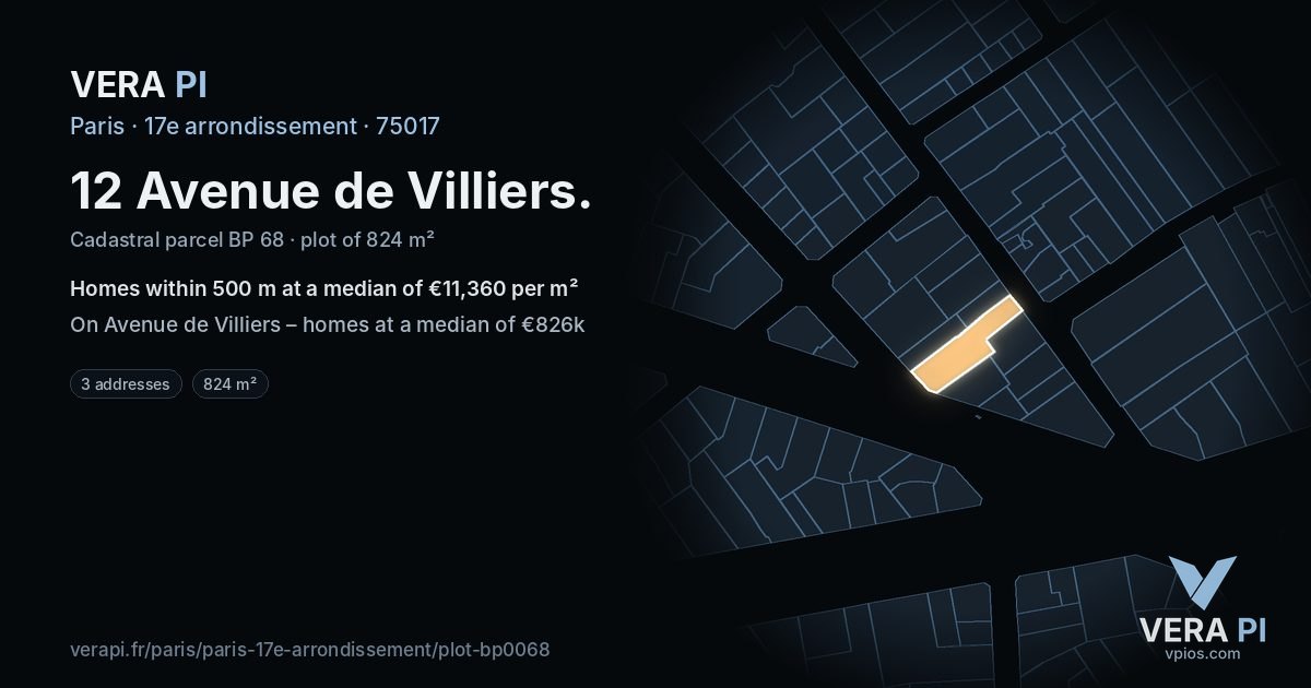 12 Avenue de Villiers, 17e arrondissement at night – the plot lit, the parcels around coloured by the prices near them