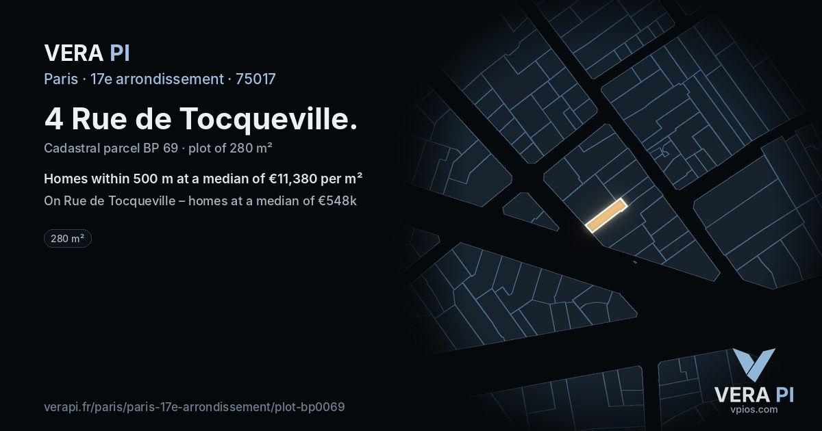 4 Rue de Tocqueville, 17e arrondissement at night – the plot lit, the parcels around coloured by the prices near them
