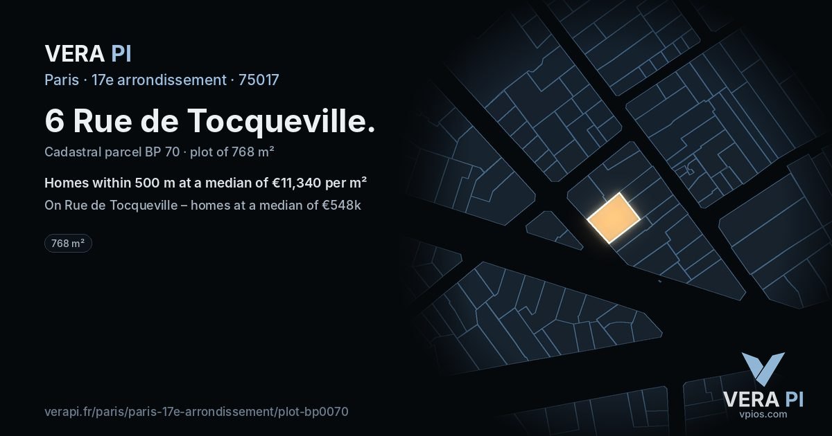 6 Rue de Tocqueville, 17e arrondissement at night – the plot lit, the parcels around coloured by the prices near them