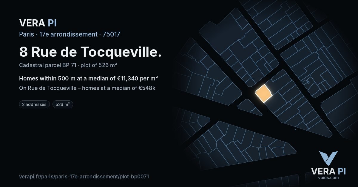 8 Rue de Tocqueville, 17e arrondissement at night – the plot lit, the parcels around coloured by the prices near them